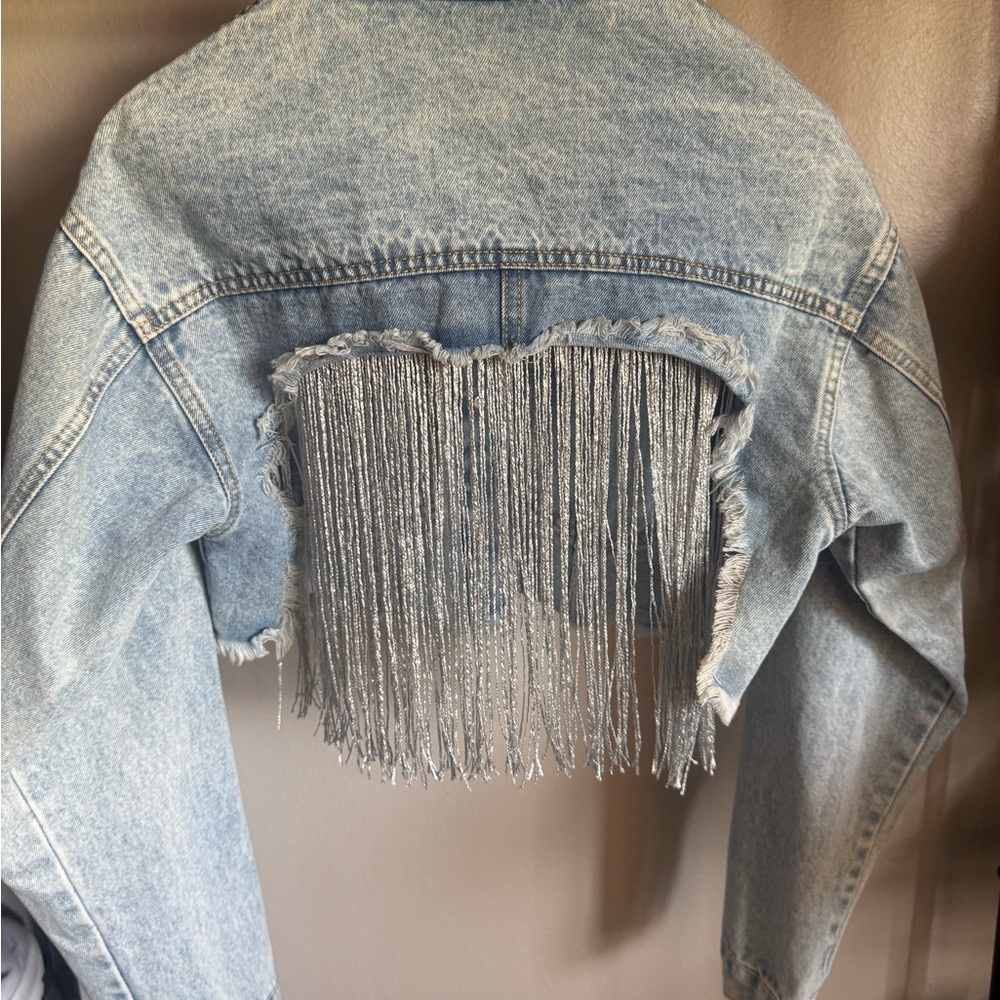 Denim Cropped Jacket with Fringe